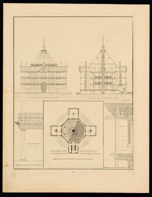 Schloss Antonin bei Ostrowo: Grundriss, Querschnitt, Fassade, Details (aus: Sammlung Architektonischer Entwürfe, Berlin 1858)