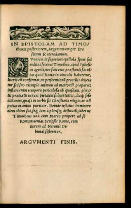 In Epistolam ad Timotheum posteriorem, Argumentum per Erasmum Roterodamum.