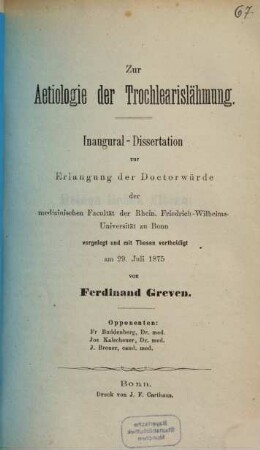 Zur Aetiologie der Trochlearislähmung : Inaugural-Dissertation