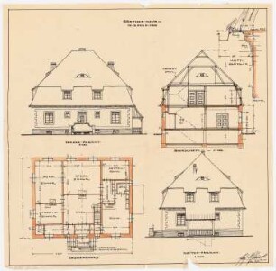 Einfamilien-Wohnhaus, Sauen: Grundriss Erdgeschoss 1:100; Aufriss 1:100: Vorderansicht, Seitenansicht; Querschnitt 1:100; Detail 1:10: Vertikalschnitt Hauptgesims