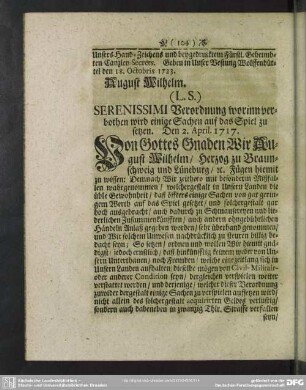 Verordnung worinn verbothen wird einige Sachen auf das Spiel zu setzen. Den 2. April 1717
