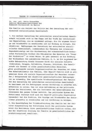 Die Familie als Subjekt der Politik bei der Gestaltung der entwickelten sozialistischen Gesellschaft : Thesen zur Dissertationsschrift B