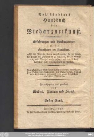 Dritter Band = Erster Band: Welcher die Lehre der Vieharzneikunst in sich faßt