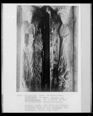 Figuren der Portalpfosten: Heiliger Paulus und Erzengel Michael als Besigter des Drachens