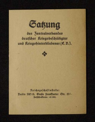 Satzung des Zentralverbandes deutscher Kriegsbeschädigter und Kriegshinterbliebener (E.V.)