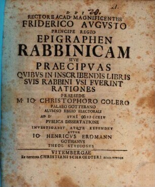 Epigraphen Rabbinicam, sive praecipuas quibus in inscribendis libris suis Rabbini usi fuerint, rationes