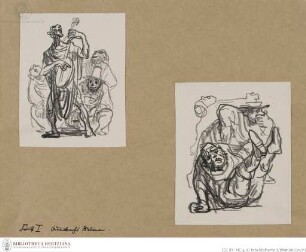 „Faust I; Mephistopheles spielt Mandoline in Auerbachs Keller (das Flohlied)“ (linkes Blatt/1); „Faust I; Auerbachs Keller, die Gefoppten“ (rechtes Blatt/2)