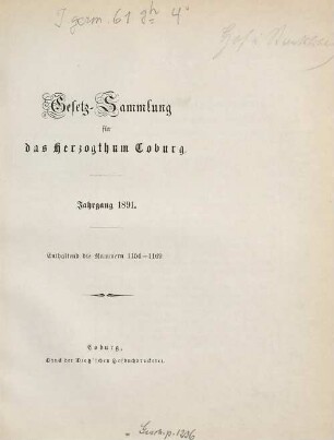 Gesetz-Sammlung für das Herzogtum Coburg. 1891 = Nr. 1154 - 1169