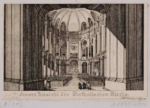 Der Innenraum der Katholischen Hofkirche in Dresden mit Blick zum Altar