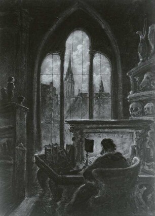 Faust im Studierzimmer, gotisches Gewölbe mit Blick durch Fenster auf gotische Kirche, Rückenansicht