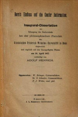 Bern's Einfluss auf die Genfer Reformation : Inaugural-Dissertation (Bonn)