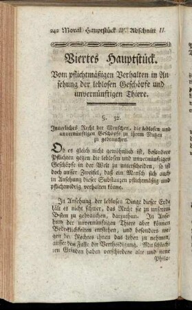 Viertes Hauptstück. Vom pflichtmäßigen Verhalten in Ansehung der leblosen Geschöpfe und unvernünftigen Thiere.