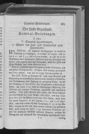 Der fünfte Gegenstand. Cameral=Beliebungen.