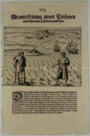 Abbildung zweier Personen, an welchen man Justitia geübt hatte - Tafel 75 aus de Bry, India II