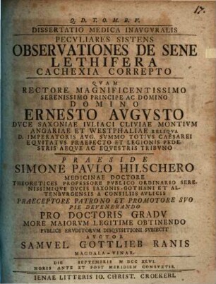 Diss. med. inaug. peculiares sistens observationes de sene lethifera cachexia correpto