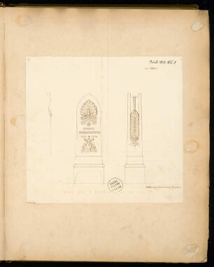 Grabdenkmal Monatskonkurrenz Juli 1875: Aufriss Vorderansicht, Seitenansicht, Profilschnitt (Skizze); Maßstabsleiste