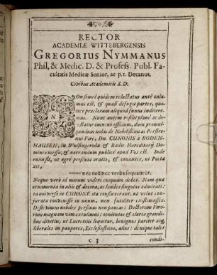 Rector Academiæ Wittenbergensis Gregorius Nymmanus [...]
