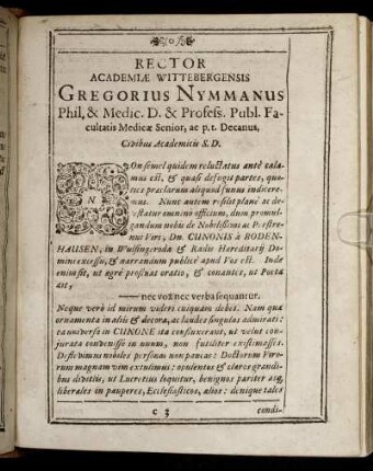 Rector Academiæ Wittenbergensis Gregorius Nymmanus [...]