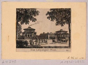 Das Leipziger Tor (Weißes Tor) in Dresden von Westen mit den beiden Torhäusern von Gottlob Friedrich Thormeyer (1828/29), im Hintergrund das Japanische Palais, Ausschnitt aus einem Bilderbogen