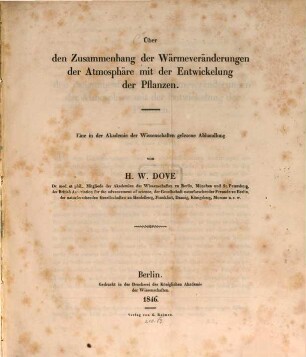 Über den Zusammenhang der Wärmeveränderungen der Atmosphäre mit der Entwickelung der Pflanzen : eine in der Akademie der Wissenschaften gelesene Abhandlung