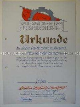 Urkunde zur Verleihung des Ehrennamens "Brigade Deutsch-Sowjetische-Freundschaft"
