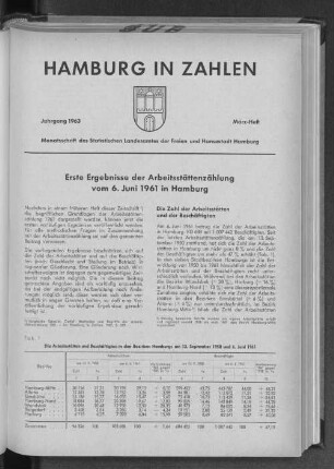Erste Ergebnisse der Arbeitsstättenzählung vom 6. Juni 1961 in Hamburg