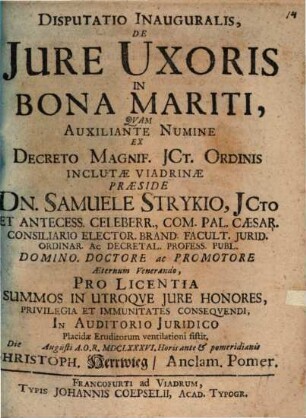 Disp. inaug. de iure uxoris in bonae mariti