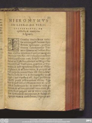 Hieronymus In Libro De Viris Illustribus, De epistolis & martyrio B. Ignatii.