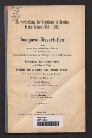 Die Verbreitung der Diphtherie in Breslau in den Jahren 1886-1890