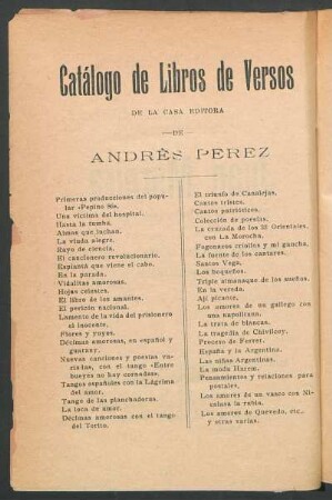 Catálogo de libros de versos de la casa editora de Andrés Perez