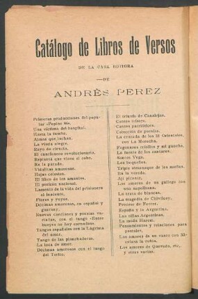 Catálogo de libros de versos de la casa editora de Andrés Perez