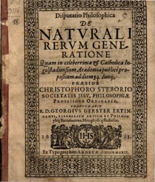 Disputatio Philosophica De Natvrali Rervm Generatione