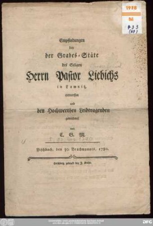 Empfindungen bey der Grabes-Stäte des Seligen Herrn Pastor Liebichs in Lomnitz