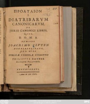 Proaulion I. Diatribarum Canonicarum, De Iuris Canonici Libris