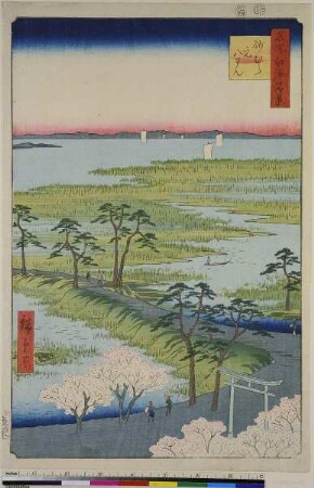 Das Dorf Sanamura und der Hachiman-Schrein, Blatt 29 aus der Serie: 100 berühmte Ansichten von Edo