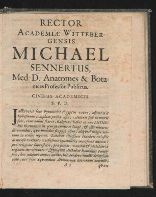 Rector Academiae Wittenbergensis Michael Sennertus ...