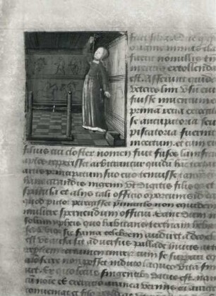 Miniatur und Textseite : Miniatur und Textseite. Pergament; 40 x 37 mm (Miniatur) (1401/1500). Aus: Boccaccius, Johannes: De mulieribus claris. Dresden: SLUB Mscr. F 171b, 25r