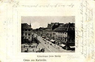 Postkartenalbum August Schweinfurth mit Karlsruher Motiven. "Gruß aus Karlsruhe - Kaiserstraße (vom Markt)"
