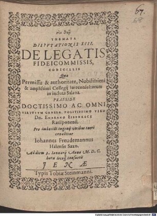 Themata disputationis XIII. de legatis, fideicommissis, codicillis