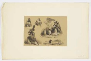 Skizzenblatt mit Militärs; Jagdszene; alte Dame mit Korb; Familie betrachtet Kunst, aus: "Quatrième série de croquis"