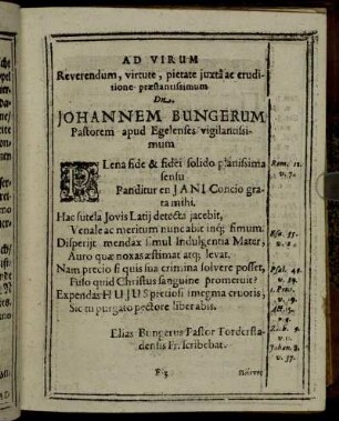 Ad Virum Reverendum, [...] Dn. Johannem Bungerum, [...]