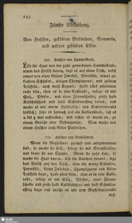 Fünfte Abtheilung. Von Haschee, gefüllten Brödtchen, Sammeln, und andern gefüllten Essen