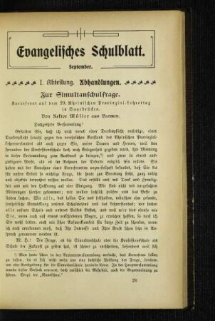 Zur Simultanschulfrage : Korreferat auf dem 29. Rheinischen Provinzial-Lehrertag in Saarbrücken