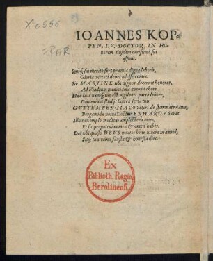 Ioannes Koppen, I. V. Doctor, In Honorem Clarissimi eiusdem carißimi sui affinis.