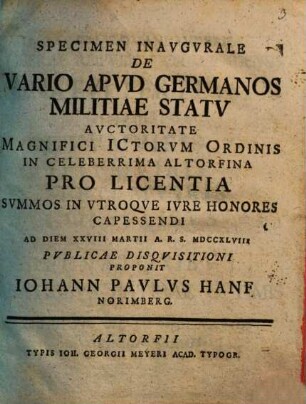 Specimen inaugurale de vario apud Germanos militiae statu