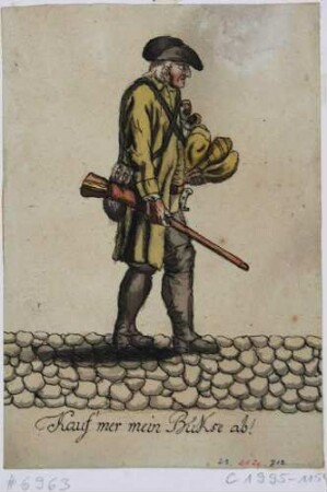 Dresdner Originale: Büchsen- und Wildbretthändler in Dresden in typischer Tracht mit der Unterschrift "Kauf' mer mein Bükse ab!"