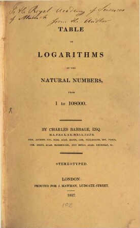 Table of Logarithms of the natural numbers from 1 to 108000