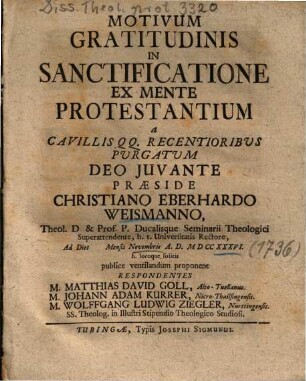 Motivum Gratitudinis In Sanctificatione Ex Mente Protestantium a Cavillis QQ. Recentioribus Purgatum