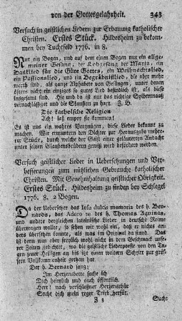 Versuch geistlicher Lieder in Uebersetzungen und Verbesserungen zum nützlichen Gebrauche katholischer Christen.