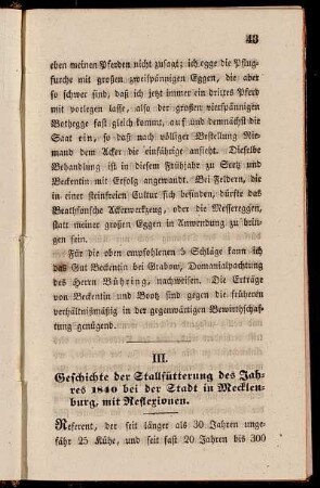 III. Geschichte der Stallfütterung des Jahres 1840 bei der Stadt in Mecklenburg, mit Reflexionen